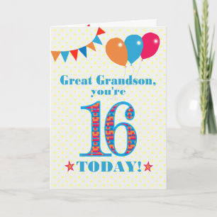 Grootzoon 16th Birthday Bunting Balloons Kaart