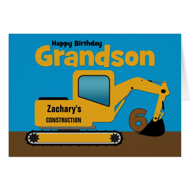 Grootzoon 6th Birthday Yellow Excavator voeg naam  (Voorkant Horizontaal)