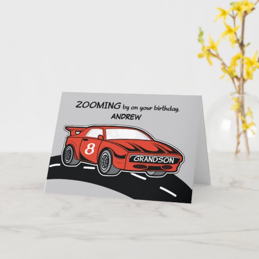 Grootzoon Aangepaste naam Birthday 8 Rode sportaut Kaart (Gele Bloem)