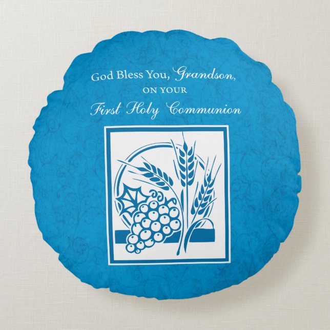 Grootzoon First CommunBlue, Tarwe, Grapes Rond Kussen (Voorkant)