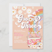 Groovy 3e verjaardag met roze madeliefje en regenb kaart (Voorkant)