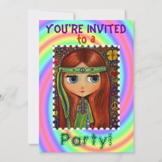 Groovy '60 / '70 Hippie Chick Party Invitation Kaart (Voorkant)