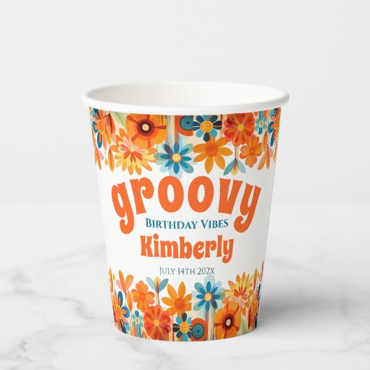 Groovy 60's 70s Vibe Floral Retro Verjaardag Papieren Bekers (Achterkant)