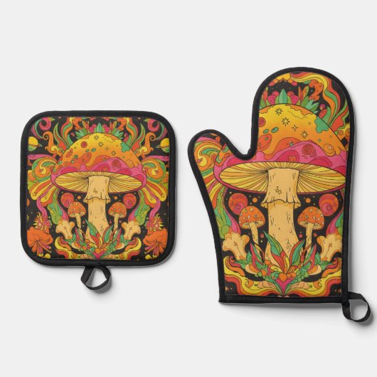 Groovy 60s Psychedelic Retro Mushroom Hippie Ovenwant & Pannenlap Set (Voorkant)