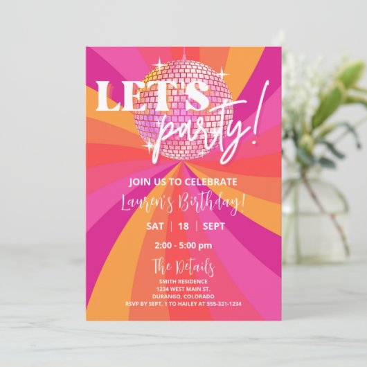Groovy 70s Disco Birthday Party Invitation, SARA Kaart (Staand voorkant)