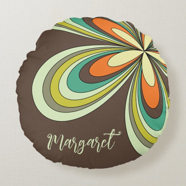 Groovy 70s Hippie Bloem Bruin Retro Daisy Naam Rond Kussen (Voorkant)