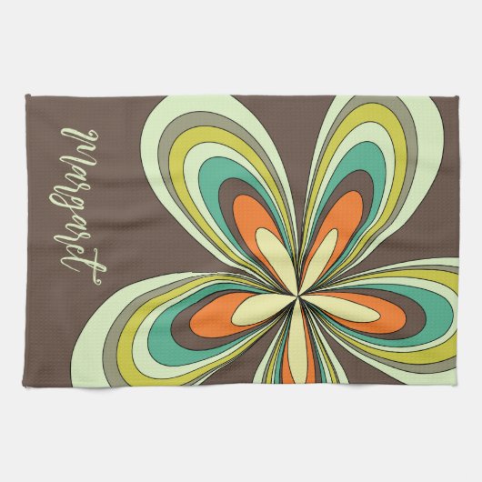 Groovy 70s Hippie Bloem Bruin Retro Daisy Naam Theedoek (Horizontaal)