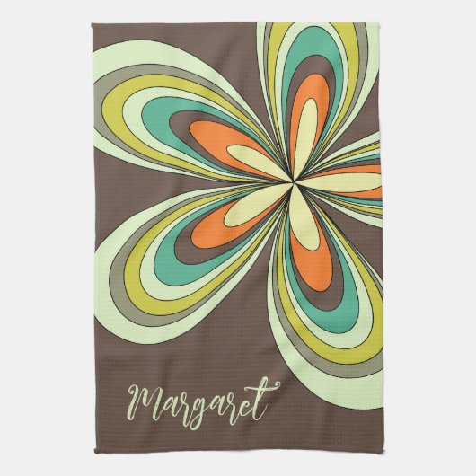 Groovy 70s Hippie Bloem Bruin Retro Daisy Naam Theedoek (Verticaal)