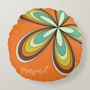 Groovy 70s Hippie Bloem Sinaasappel Retro Madelief Rond Kussen