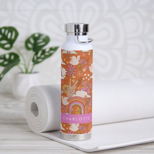 Groovy 70s Retro Hippie Peace Sinaasappel Bohemian Waterfles (Yoga)