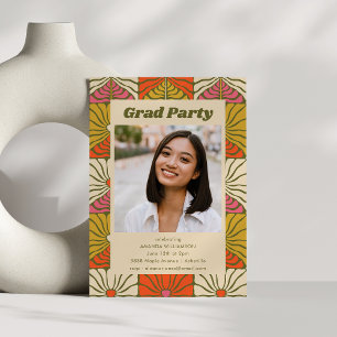 Groovy 70s  Sinaasappel Bloemen Afstuderen Foto Kaart