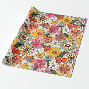 Groovy 70's, Sinaasappel, Roze, & Groene Bloemen Cadeaupapier
