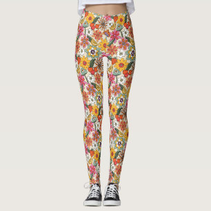 Groovy 70's, Sinaasappel, Roze, & Groene Bloemen Leggings
