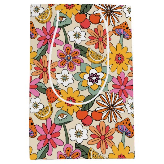 Groovy 70's, Sinaasappel, Roze, & Groene Bloemen Medium Cadeauzakje (Voorkant)