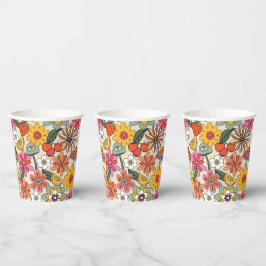 Groovy 70's, Sinaasappel, Roze, & Groene Bloemen Papieren Bekers