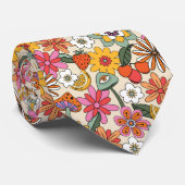 Groovy 70's, Sinaasappel, Roze, & Groene Bloemen Stropdas (Opgerold)