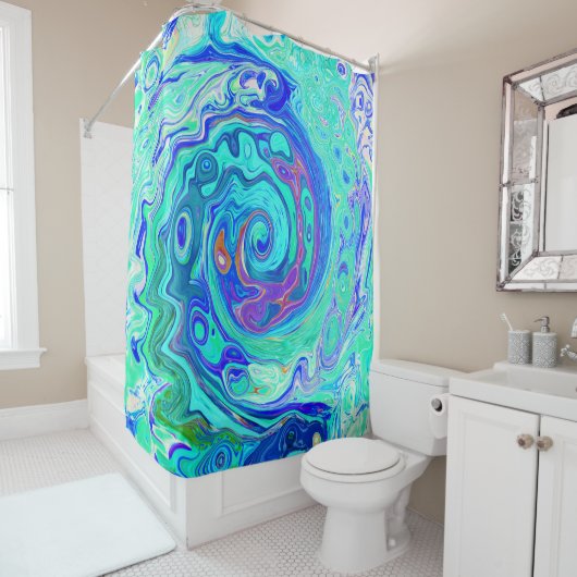 Groovy Abstract Ocean Blue en Green Liquid Swirl Douchegordijn (In situ)