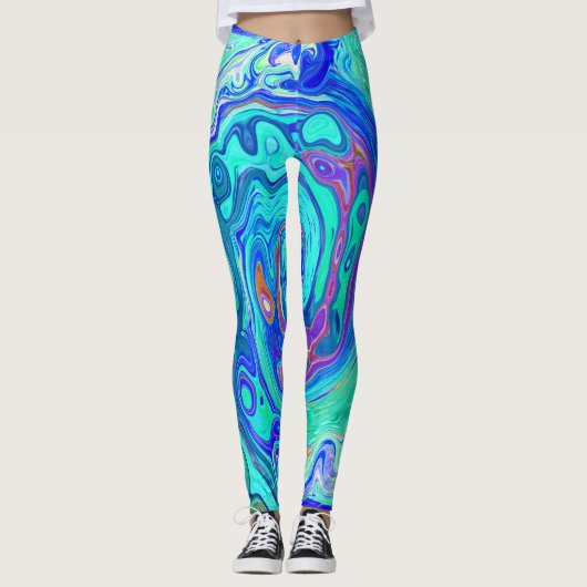 Groovy Abstract Ocean Blue en Green Liquid Swirl Leggings (Voorkant)