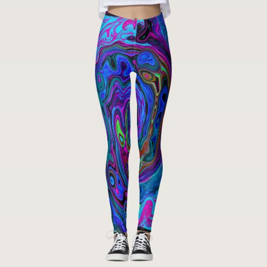 Groovy Abstract Retro Blue en Paarse wervelkolom Leggings (Voorkant)
