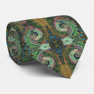 Groovy Abstract Retro Bruine en Groene Werveling Stropdas