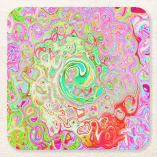 Groovy Abstract Retro Deel Groen Vloeibaar Zwenk Vierkante Kartonnen Onderzetter