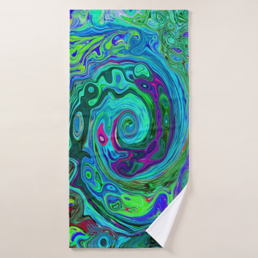Groovy Abstract Retro Green en Blue Swirl Badhanddoek (Badhanddoek)
