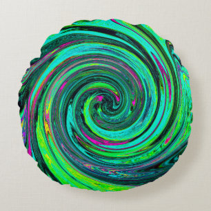 Groovy Abstract Retro Green en Magenta Swirl Rond Kussen