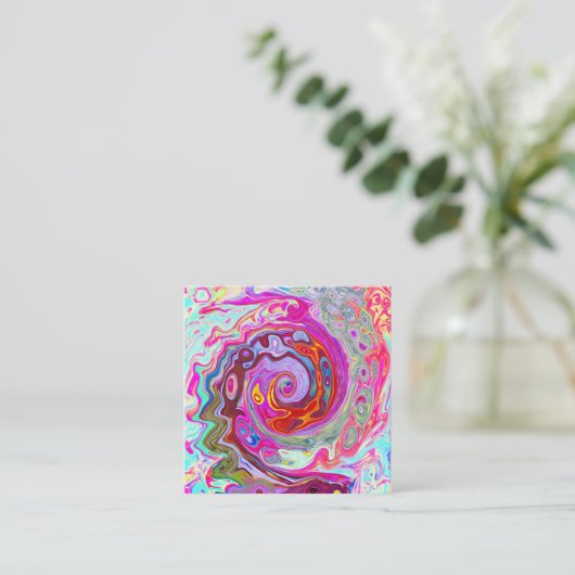 Groovy Abstract Retro Hot Pink en Blue Swirl Vierkante Visitekaartje (Staand voorkant)