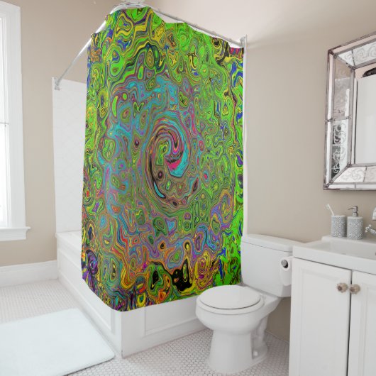 Groovy Abstract Retro Lime Green en Blue Swirl Douchegordijn (In situ)