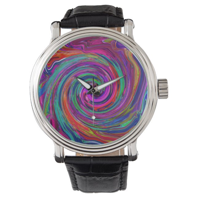 Groovy Abstract Retro Magenta Dark Rainbow Swirl Horloge (Voorkant)