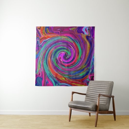 Groovy Abstract Retro Magenta Dark Rainbow Swirl Wandkleed (In situ)