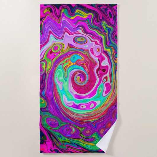 Groovy Abstract Retro Magenta Rainbow Swirl Strandlaken (Voorkant)