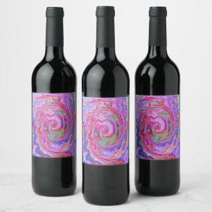 Groovy Abstract Retro Rood, Paars en Roze Wervelin Wijn Etiket