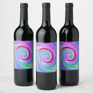 Groovy Abstracte Rode Draaikolk op Paars en Roze Wijn Etiket
