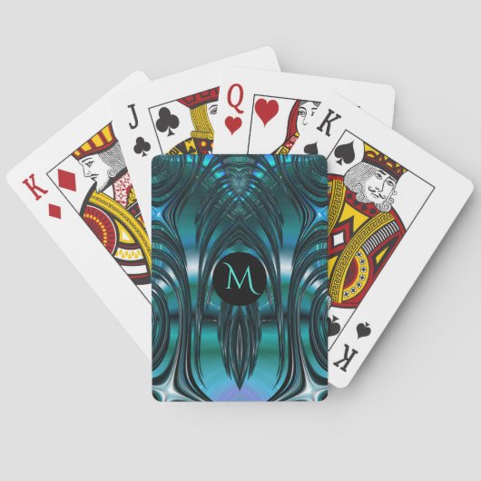 Groovy Art Deco Blauwgroen Fringel Fractal met Mon Pokerkaarten (Achterkant)