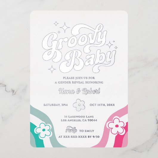 Groovy Baby Gender onthulling Folie Uitnodiging (Voorkant)