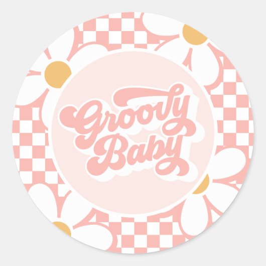 Groovy Baby Pink Check Daisy Ronde Sticker (Voorkant)