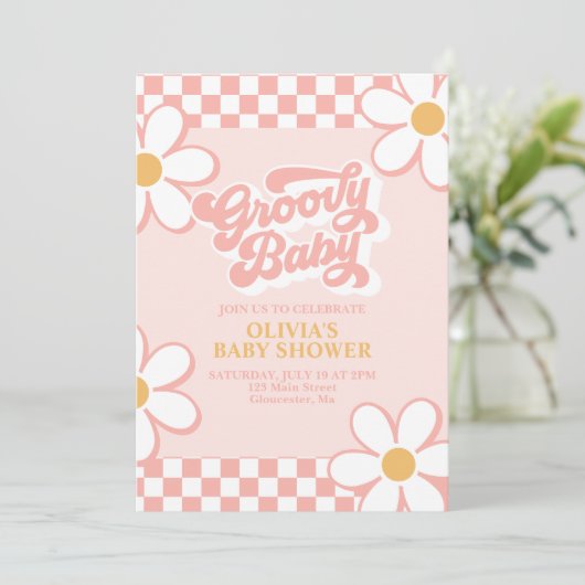 Groovy Baby Retro Check Pink Daisy Kaart (Staand voorkant)