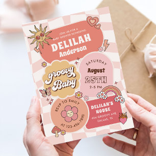 Groovy Baby Retro Daisy Baby shower Kaart
