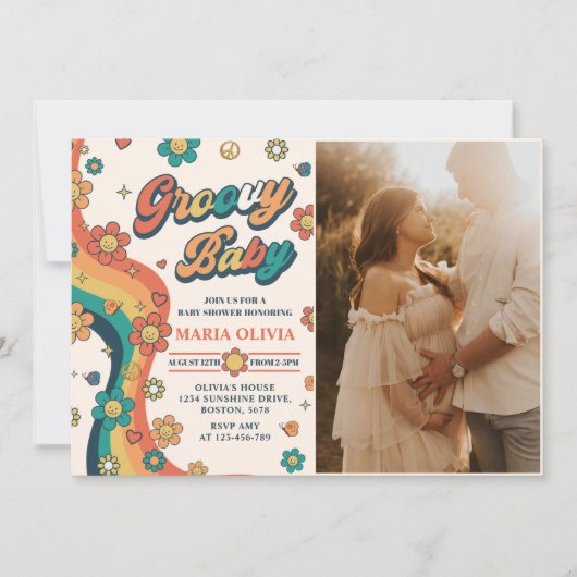 Groovy Baby Retro Rainbow Baby shower Party Foto Kaart (Voorkant)