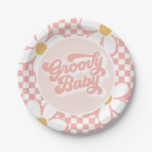 Groovy Baby Roze Madeliefjes Checker Papieren Bordje
