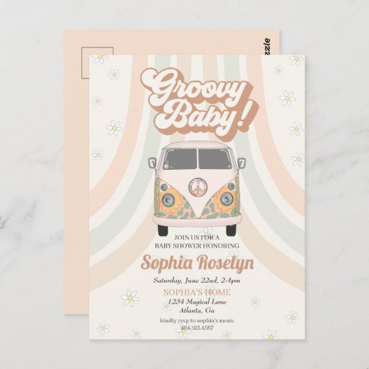 Groovy baby shower, 70s retro-themauitnodiging briefkaart (Voorkant / Achterkant)