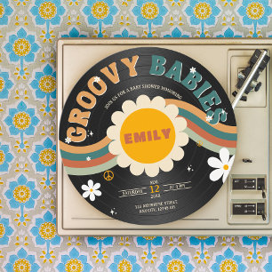 Groovy Baby's Retro Vinyl Record Twins Baby shower Kaart