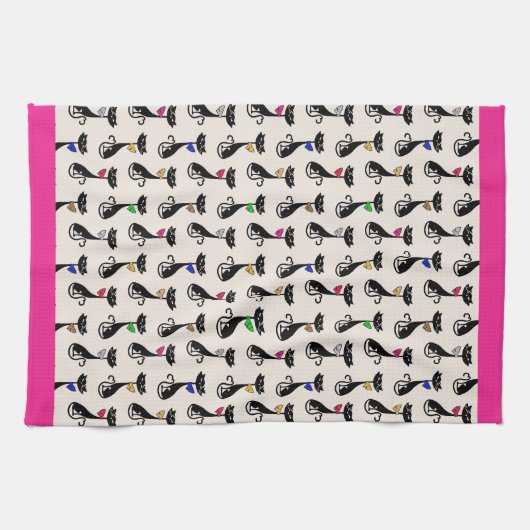 Groovy Black Cats roze border Theedoek (Horizontaal)