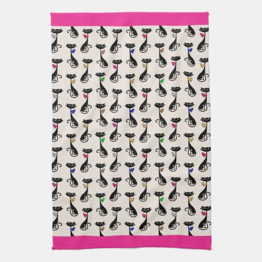 Groovy Black Cats roze border Theedoek (Verticaal)