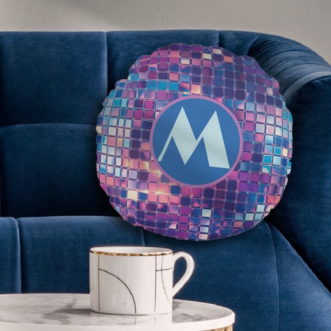 Groovy Blue & Paarse Discobal Gepersonaliseerd Rond Kussen (groovy blue and purple disco ball personalized monogram round pillow)
