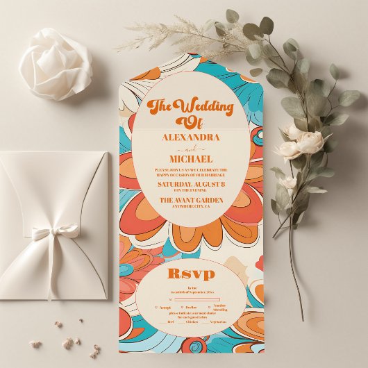Groovy Boho Beachy Fun Vibes Bruiloft All In One Uitnodiging