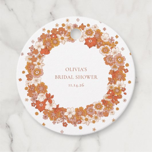 Groovy Boho Oranje Bloem Bruiloft Borrel Custom Bedankjes Labels (Voorkant)