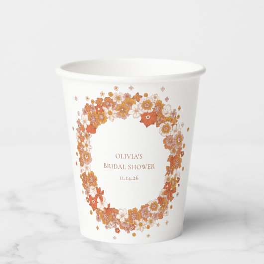 Groovy Boho Oranje Bloem Bruilofts Bruidsshower Aa Papieren Bekers (Voorkant)