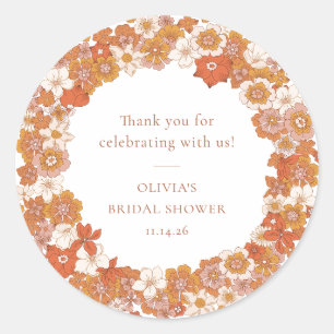 Groovy Boho Oranje Bloemrijke Bruidsdouche Dank Je Ronde Sticker